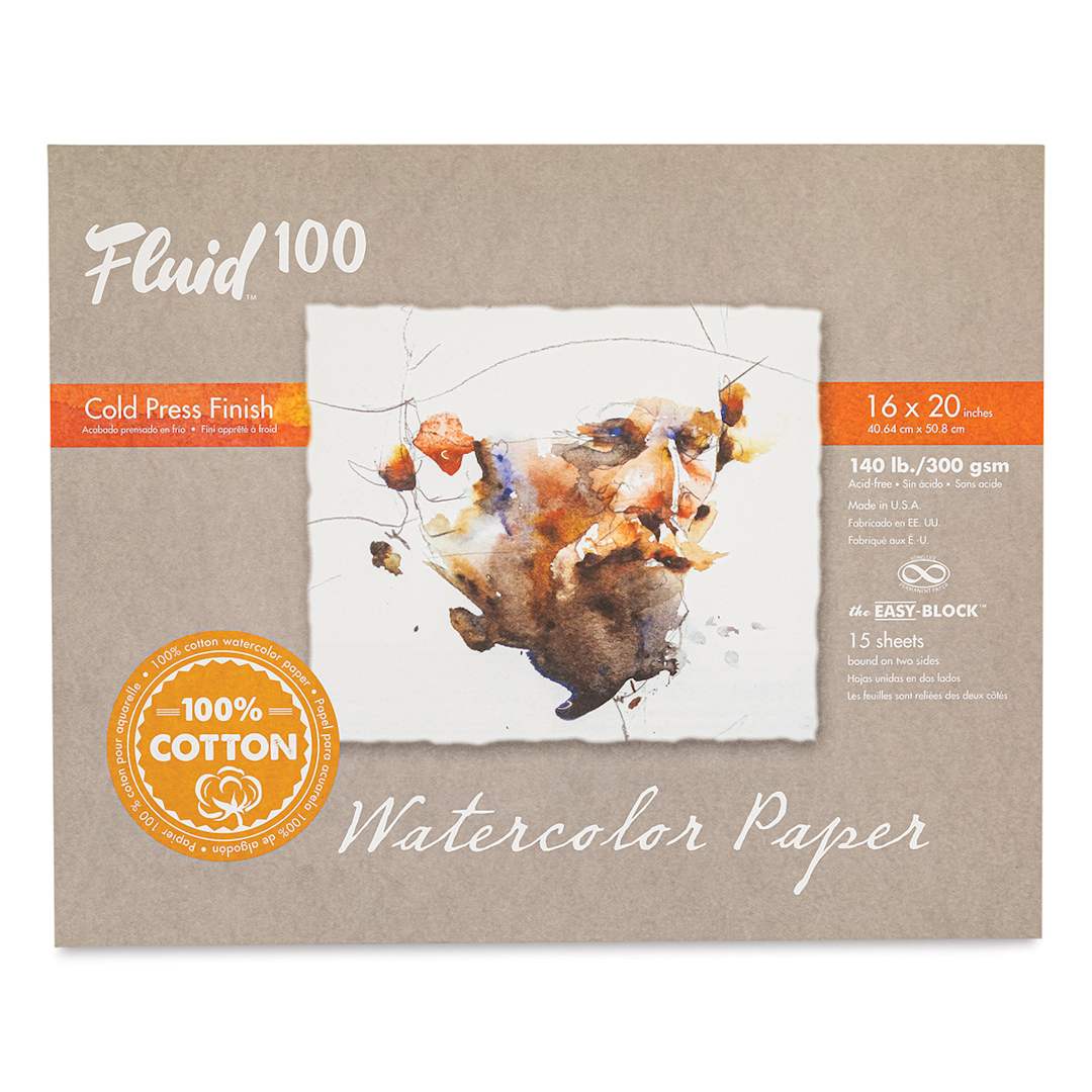 Open in modal - Fluid 100 Watercolor Paper Block - 16" x 20", Pkg of 15 Sheets, 140 lb, Cold Press