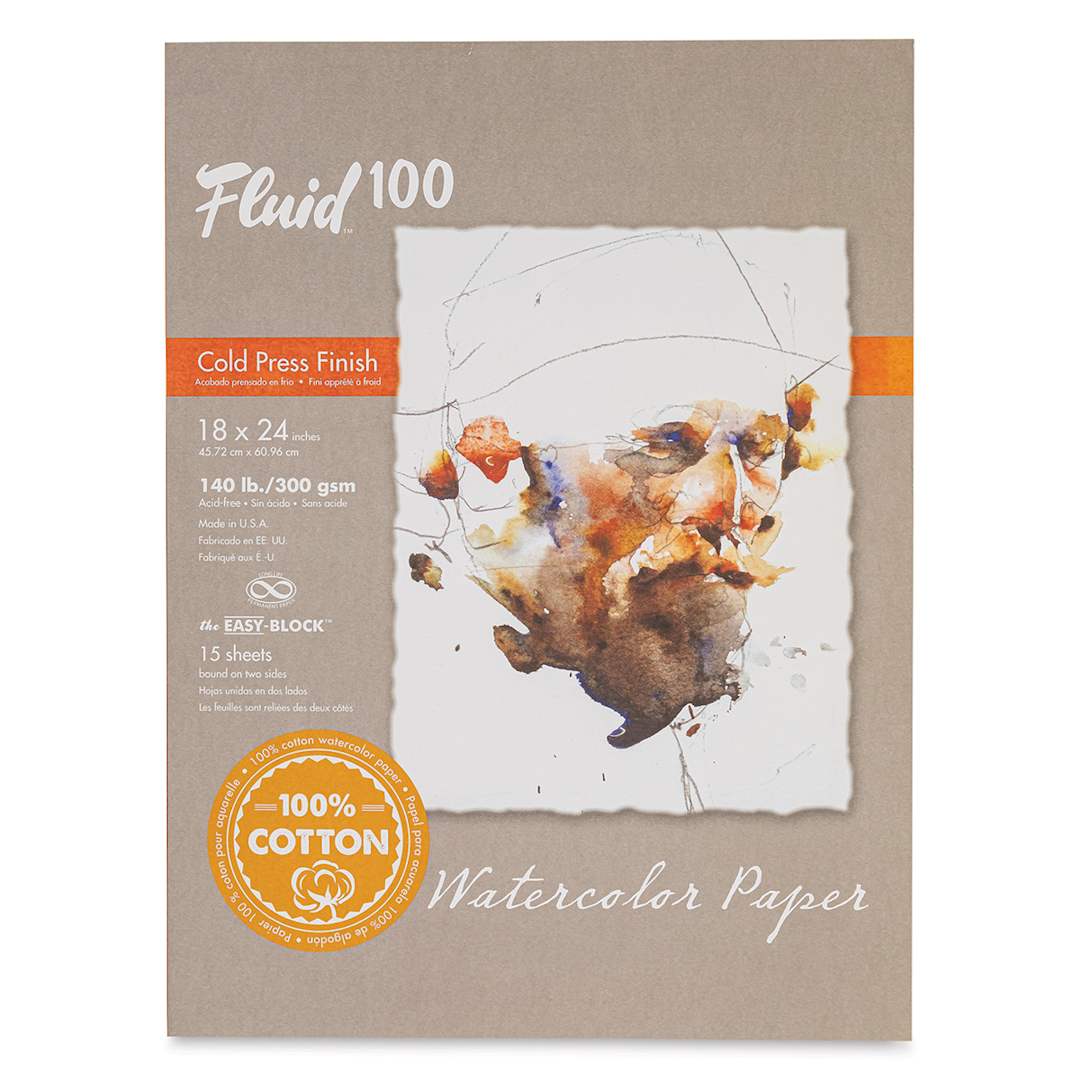 Open in modal - Fluid 100 Watercolor Paper Block - 18" x 24", Pkg of 15 Sheets, 140 lb, Cold Press