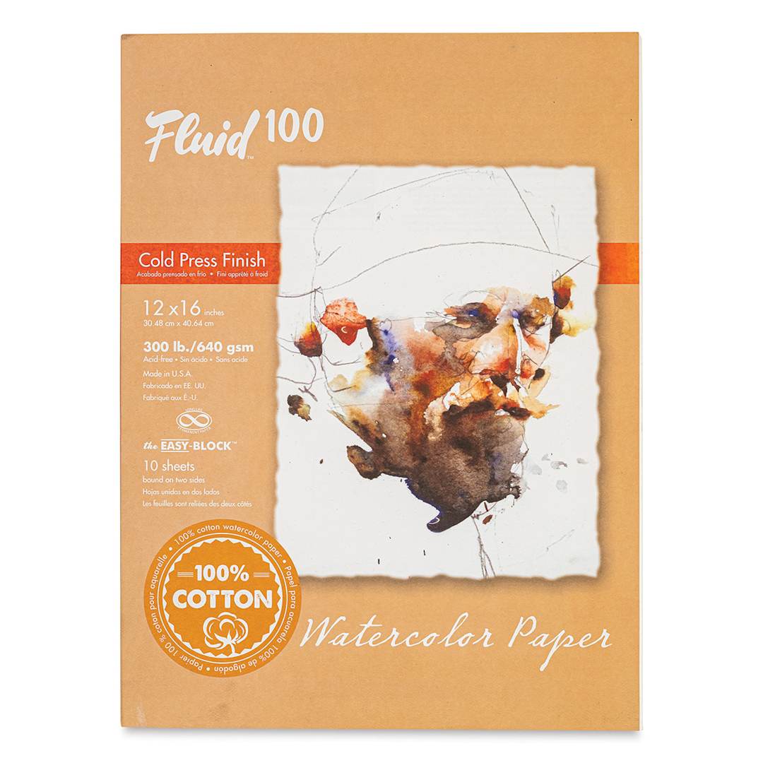 Open in modal - Fluid 100 Watercolor Paper Block - 12" x 16", Pkg of 10 Sheets, 300 lb, Cold Press