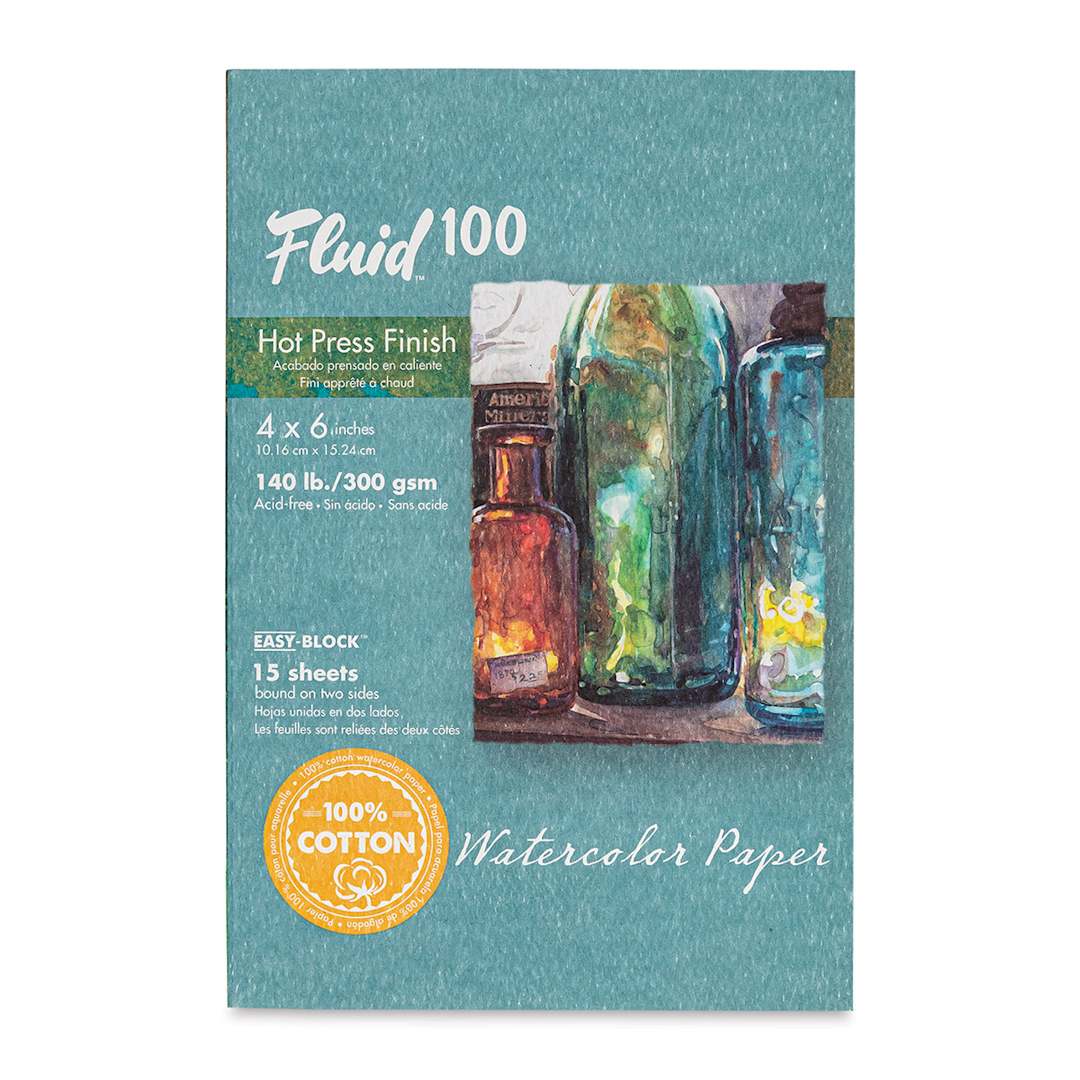 Open in modal - Fluid 100 Watercolor Paper Block - 4" x 6", Pkg of 15 Sheets, 140 lb, Hot Press