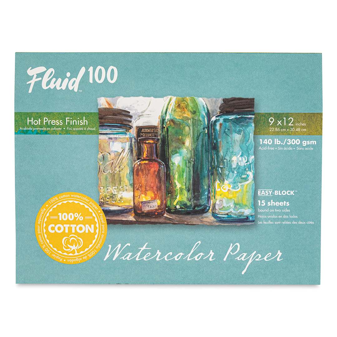 Open in modal - Fluid 100 Watercolor Paper Block - 9" x 12", Pkg of 15 Sheets, 140 lb, Hot Press