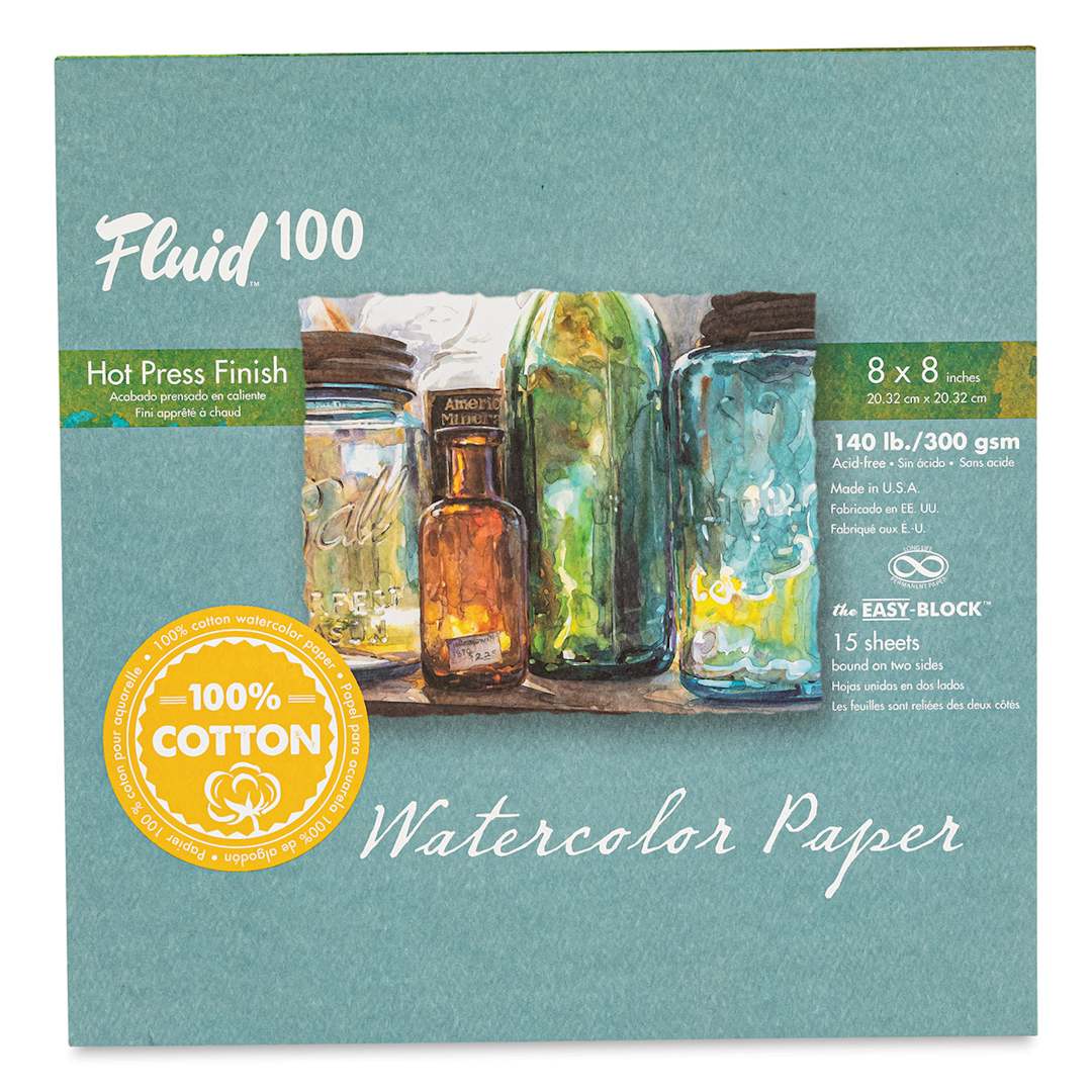 Open in modal - Fluid 100 Watercolor Paper Block - 8" x 8", Hot Press, 140 lb, 15 Sheets