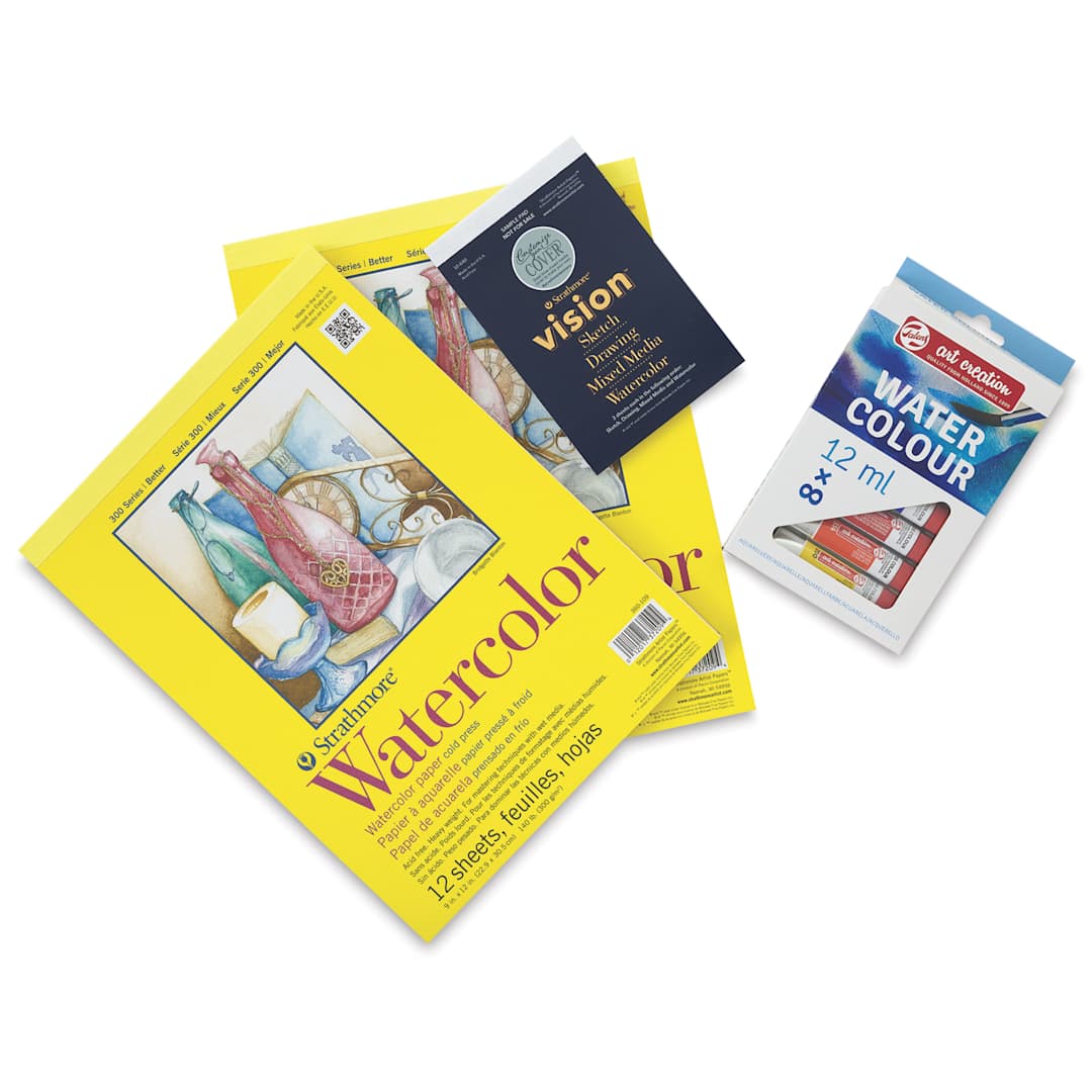 Open in modal - Strathmore 300 Series and Talens Art Creation Watercolor Bundle - Set of 4, Watercolor Pads and Paint Set, laid out
