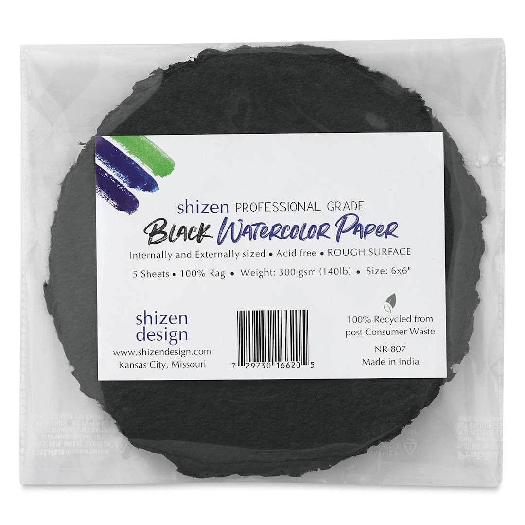Open in modal - Shizen Black Watercolor Paper - 6" Round, Cold Press/Rough, 5 Sheet Pkg in package