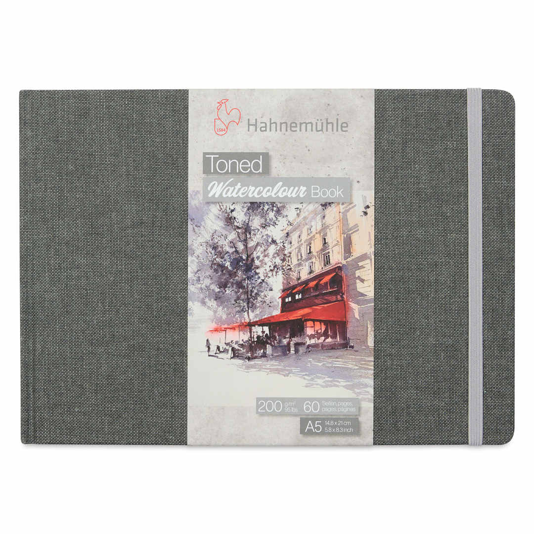 Open in modal - Hahnemühle Toned Watercolor Book - Gray, 5-3/4" x 8-1/4", front of the packaging