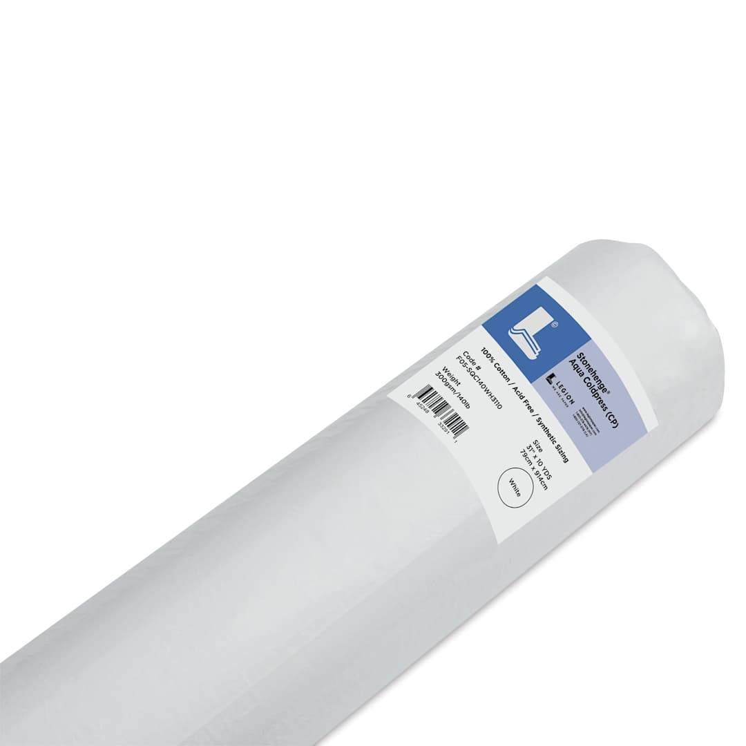 Open in modal - Legion Stonehenge Aqua Watercolor Roll - Cold Press, 31" x 10 yd, 140 lb, with label