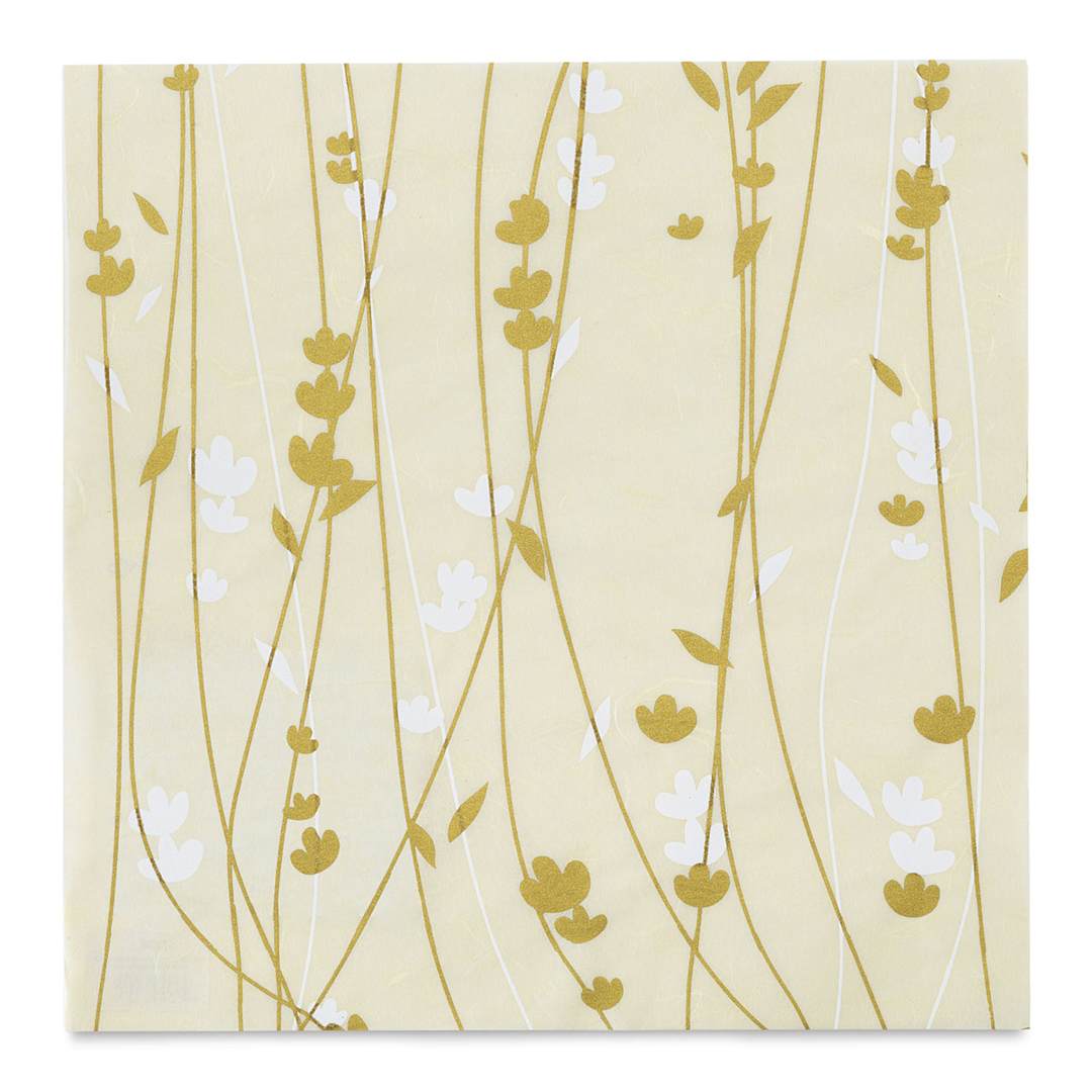Open in modal - Thai Unryu Screenprinted Meadow Flowers Decorative Paper - Full Cream and Gold sheet
