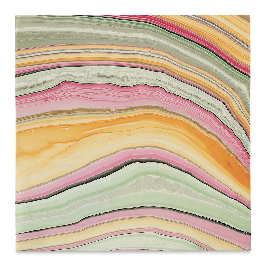 Open in modal - Black Ink Thai Marbled Mulberry Paper - 12" x 12", Turquoise/Apricot/Raspberry