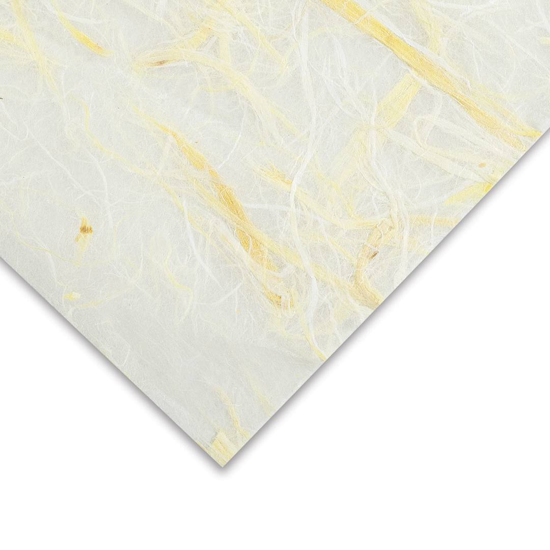 Open in modal -  Black Ink Thai Kozo Paper - Closeup of corner of Chunky Kozo on Natural paper showing strands
