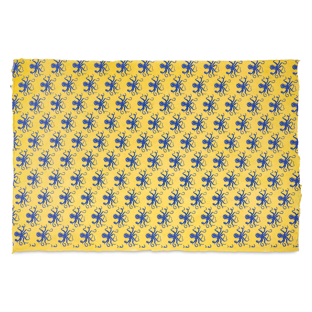 Open in modal - Aitoh Octopus Print Lokta Papers - Blue on Yellow, 19-1/2" x 29-1/2"