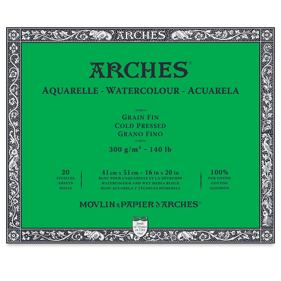 Open in modal - Arches Watercolor Block - Cold Press, 16" x 20", 140 lb (300 gsm), 20 sheets. Green cover.