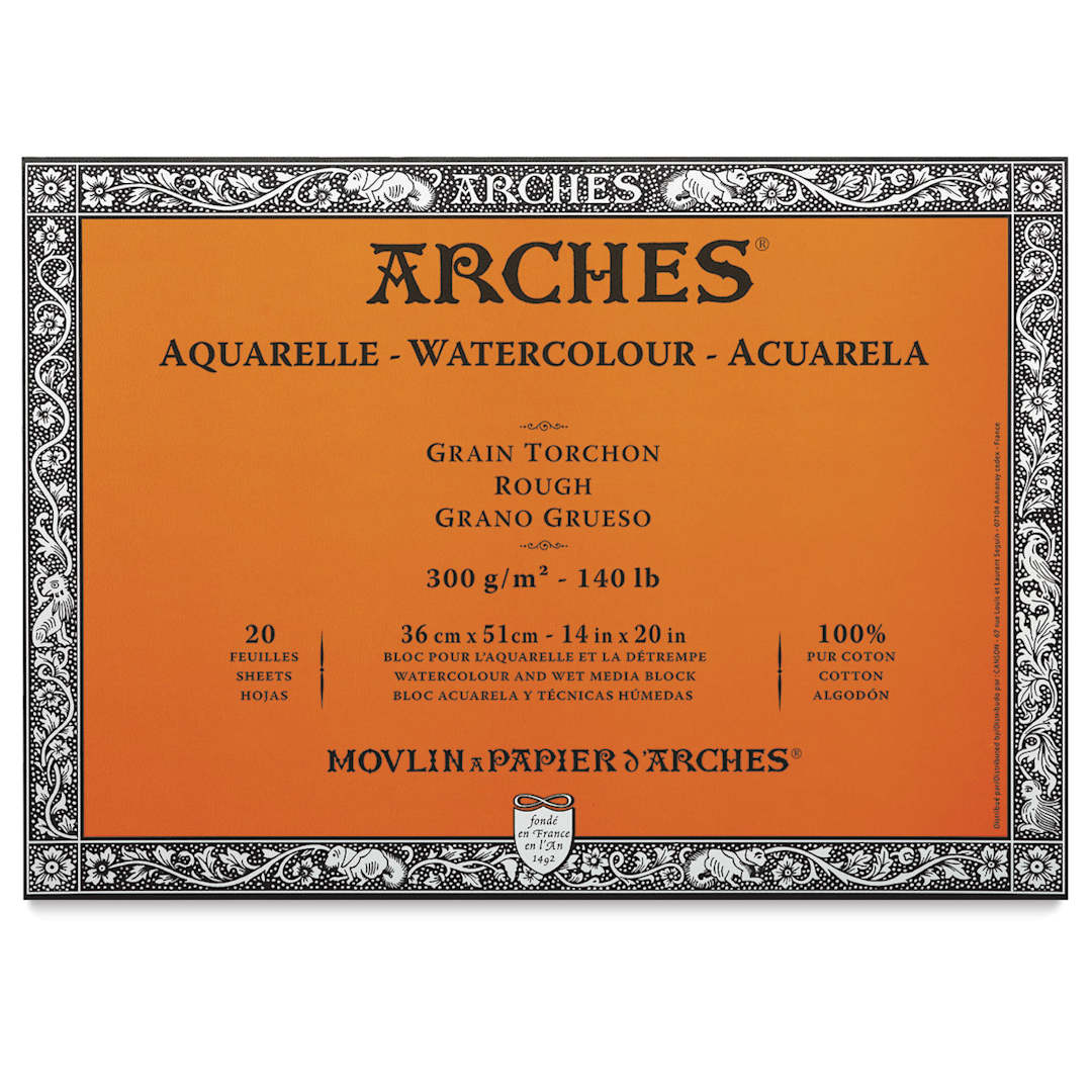 Open in modal - Arches Watercolor Block - 14" x 20", 140 lb (300 gsm), Rough, 20 Sheets. Orange cover.