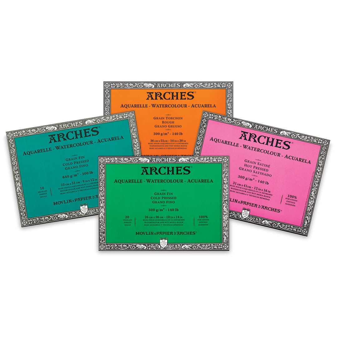 Open in modal - Arches Watercolor Blocks. Fronts of four blocks of rough, cold, and hot press finishes.