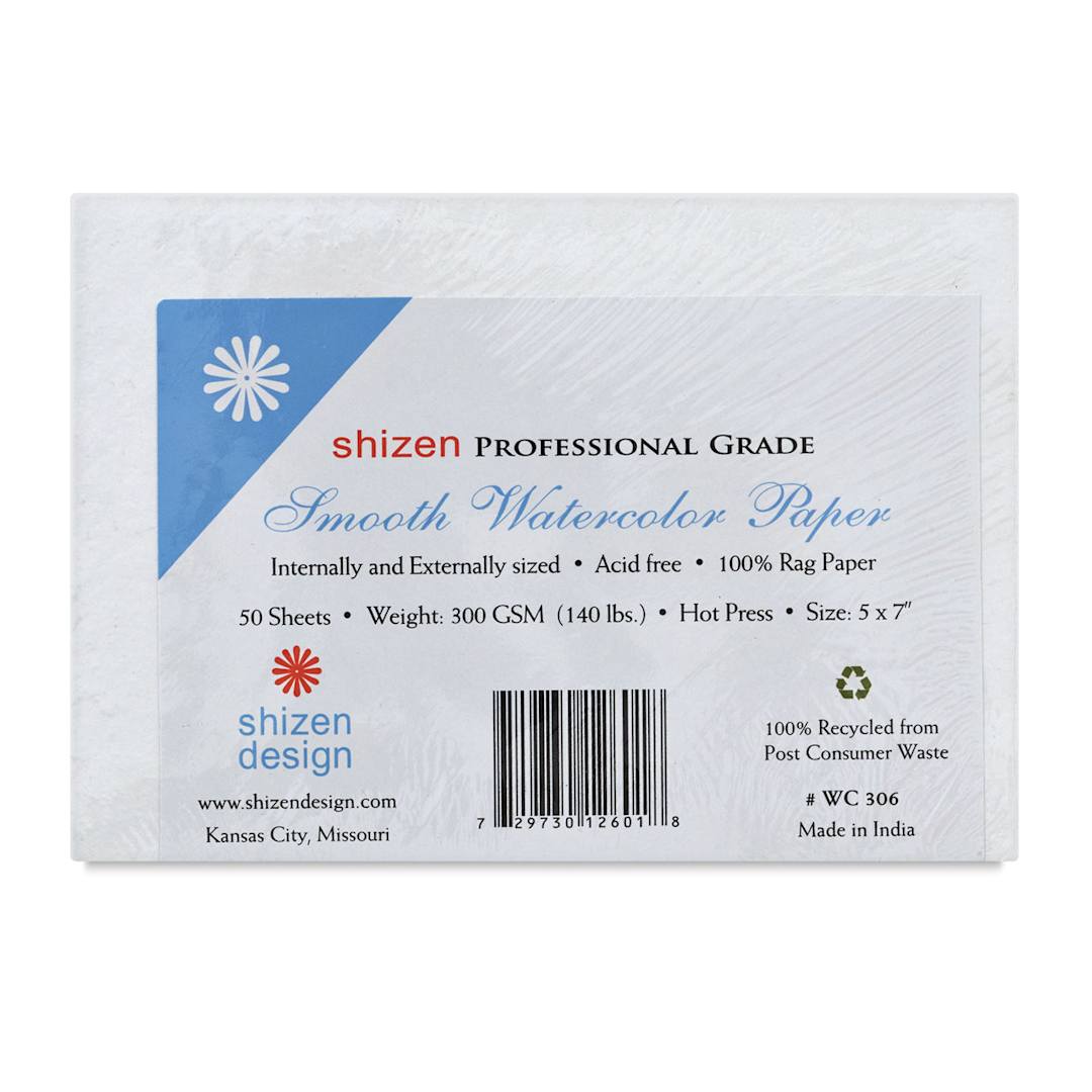 Open in modal - Shizen Professional Watercolor Paper - 50 piece package of 5" x 7" Hot Press sheets shown