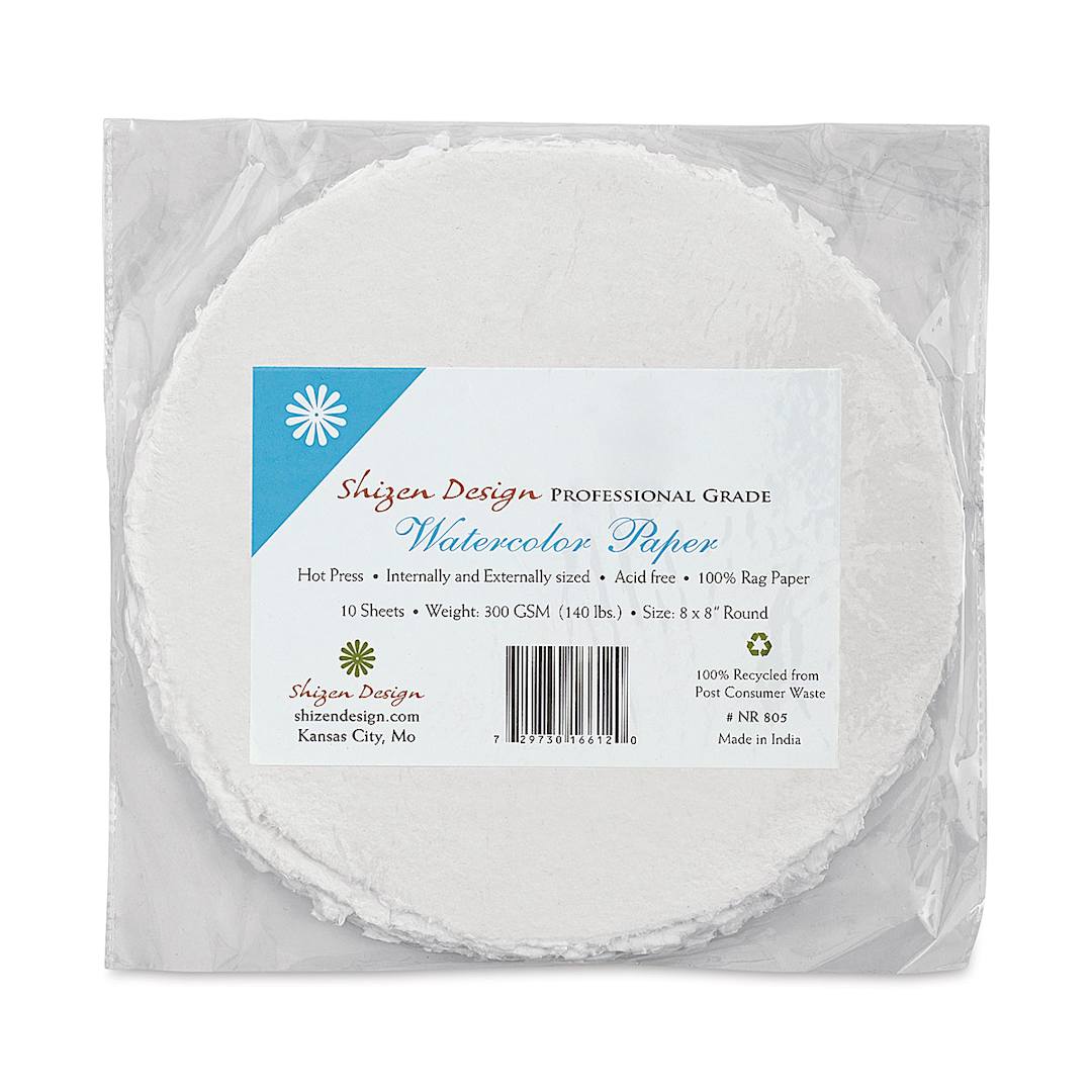 Open in modal - Shizen Professional Watercolor Paper - 8", Round Deckle Edge, Hot Press, 10 Sheets