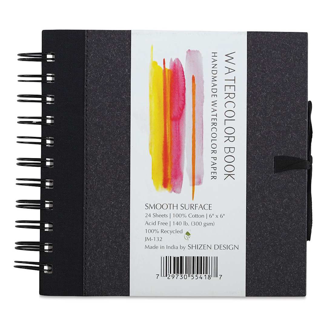 Open in modal - Shizen Watercolor Journals - Front view of 6" x 6" Hot Press Journal with black cover