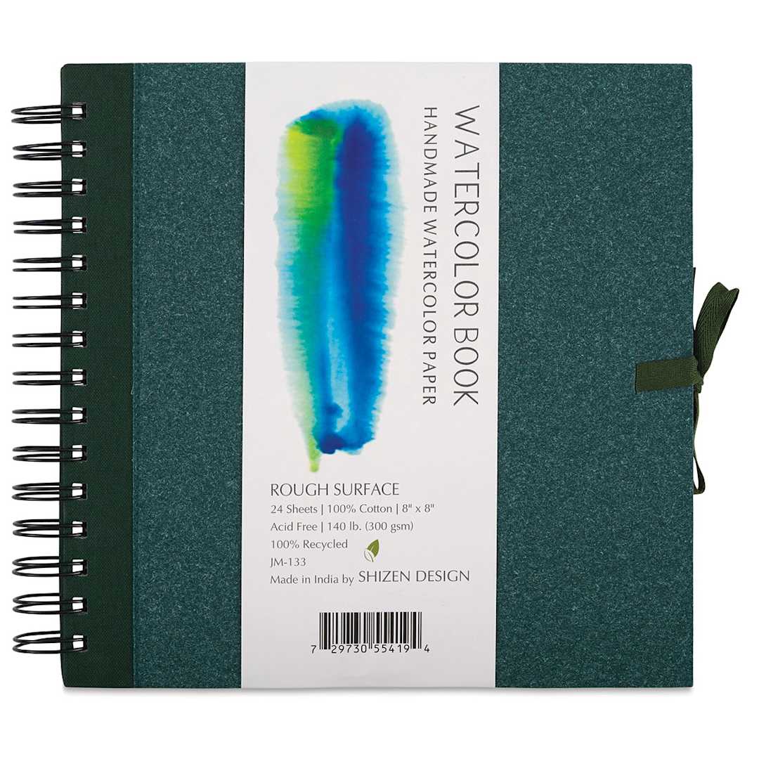 Open in modal - Shizen Watercolor Journals - Front view of 8" x 8" Rough Journal with green cover