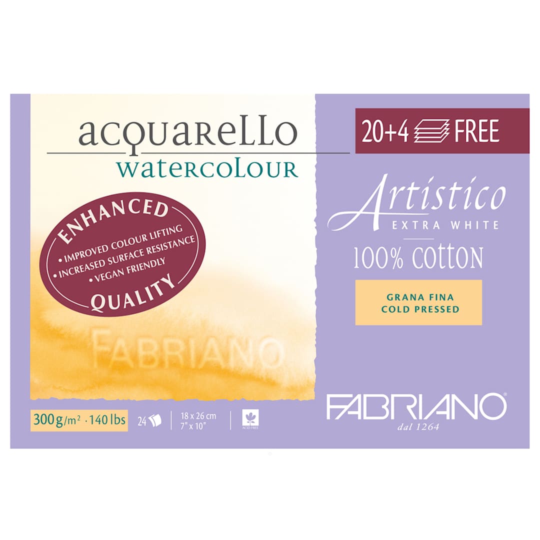 Open in modal - Fabriano Artistico Watercolor Paper, 7 x 10 in, Extra-White, Acid-Free, Cotton, 4 Free Sheets Included