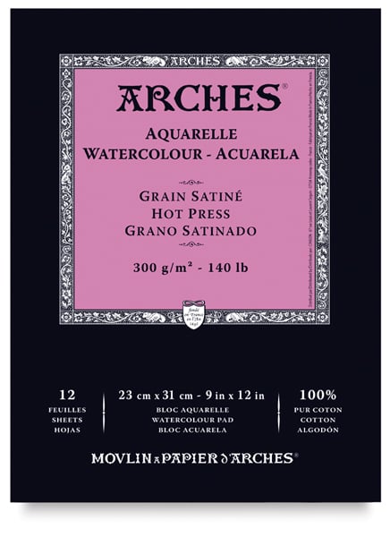 Open in modal - Arches Watercolor Pad - 9'' x 12'', 140 lb, Hot Press, Fold-over, 12 Sheets