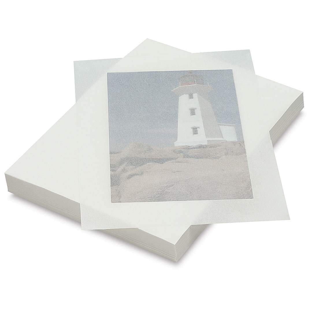 Open in modal - Pacon Tracing Paper - Ream of transparent paper with one sheet over lighthouse picture