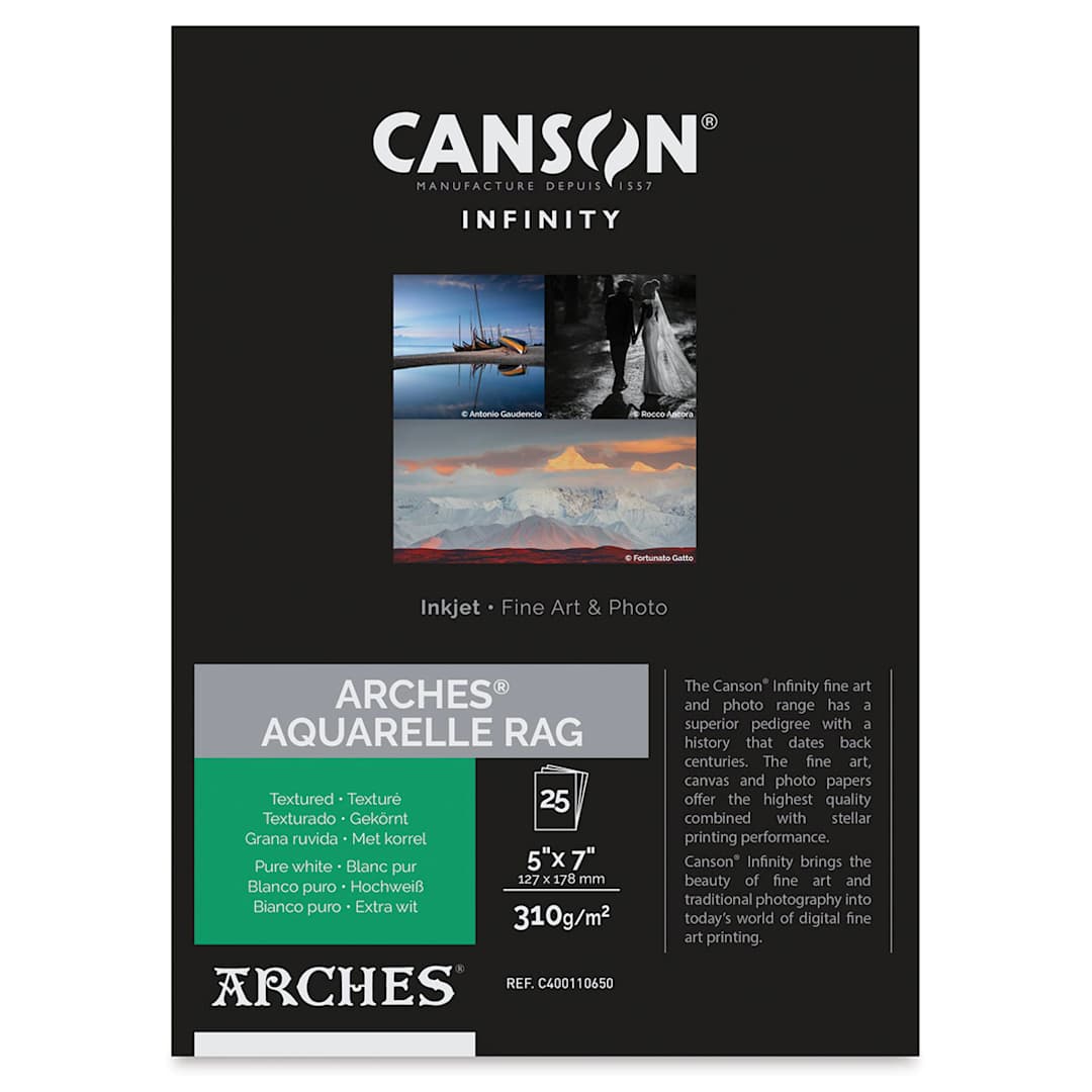 Open in modal - Canson Infinity Arches Aquarelle Rag Inkjet Paper - 5" x 7", 310 gsm, Package of 25