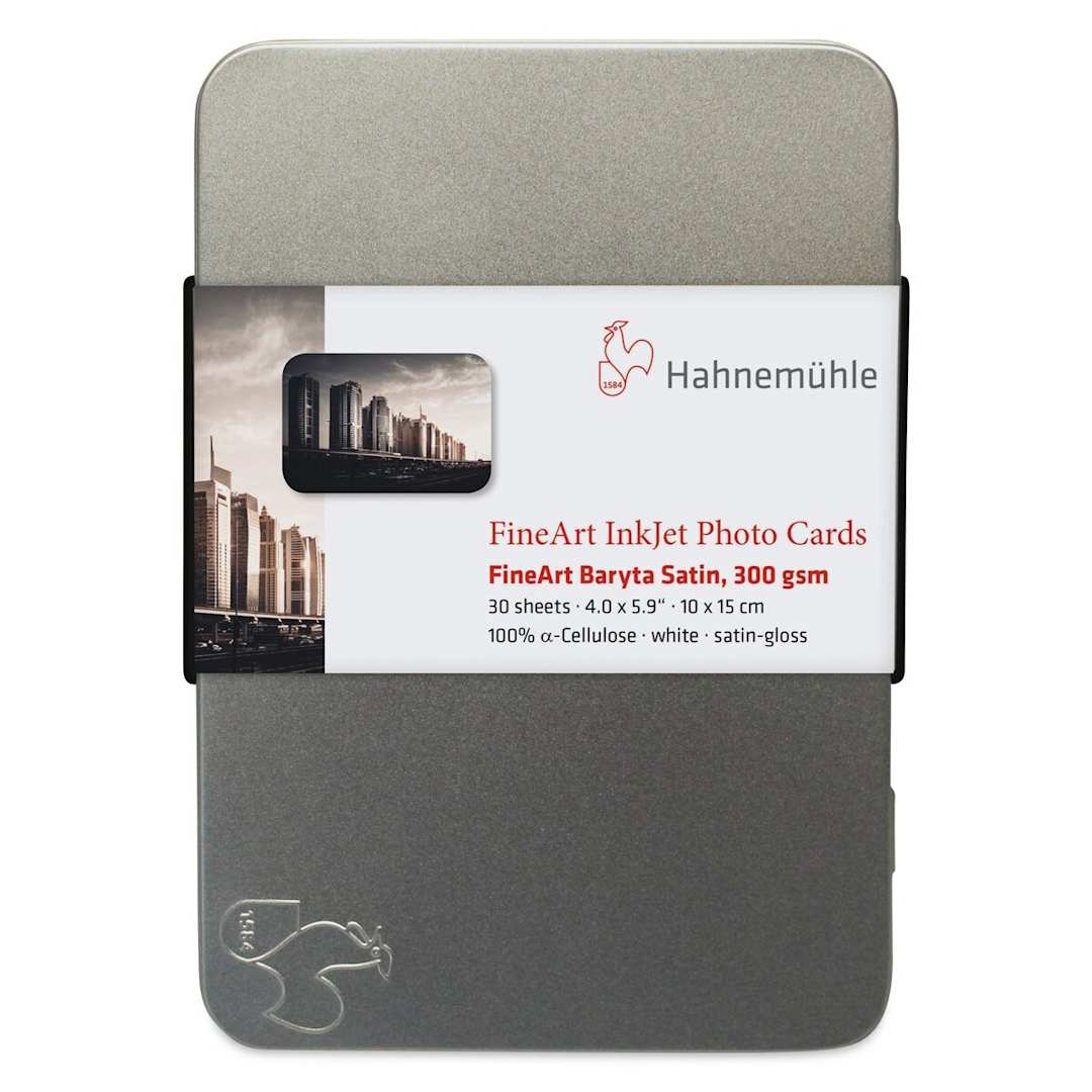 Open in modal - Hahnemühle FineArt Baryta Satin Inkjet Photo Cards - 4" x 6", Pkg of 30 (Front of tin)