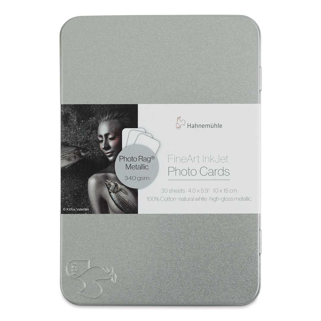 Open in modal - Hahnemühle Photo Rag Metallic Inkjet Photo Cards - 4" x 6", Pkg of 30 (Front of tin)