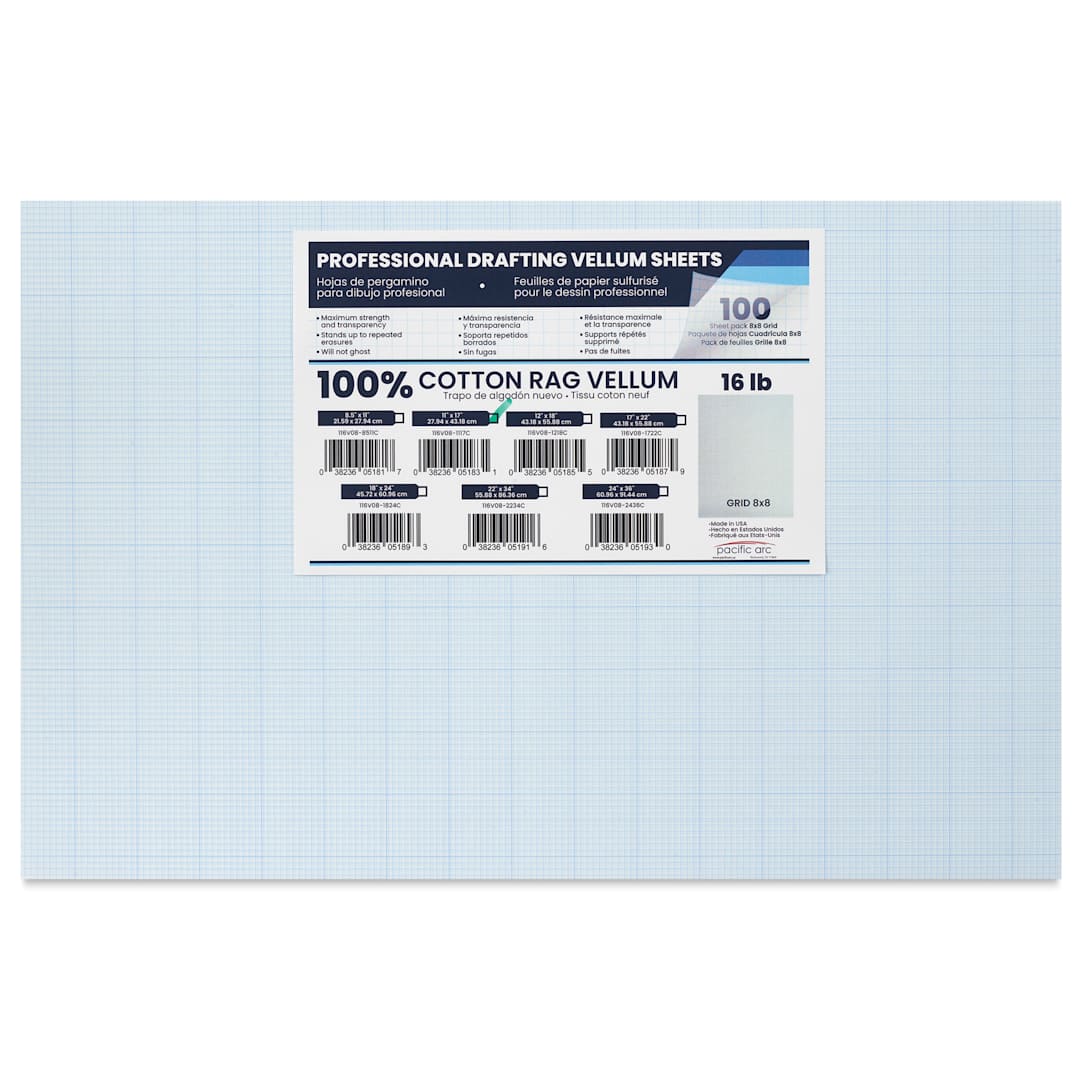 Open in modal - Pacific Arc Gridded Drafting Vellum Pack - 8 x 8 Grid, 11" x 17". Pkg of 100, packaging