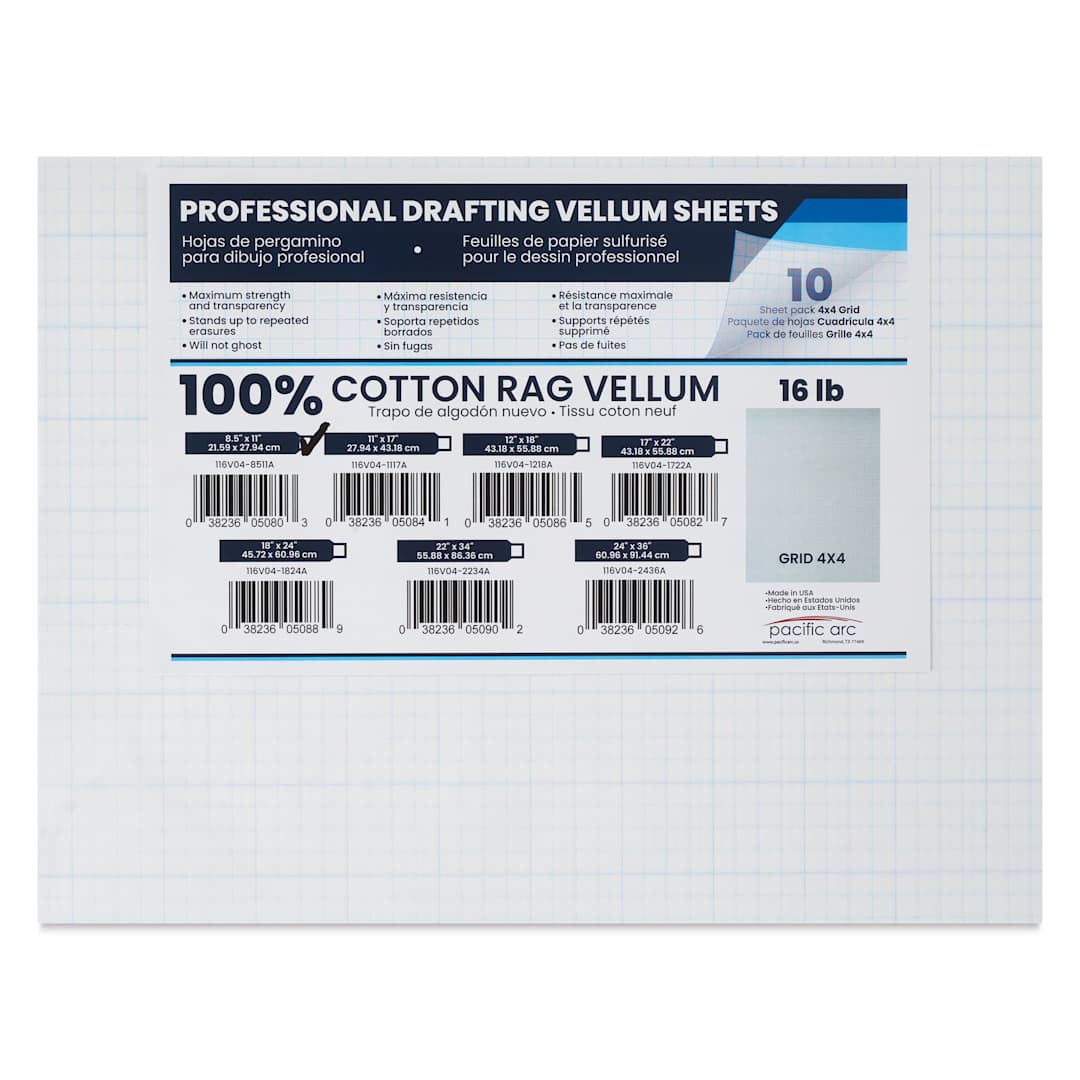 Open in modal - Pacific Arc Gridded Drafting Vellum Pack - 4 x 4 Grid, 8-1/2" x 11". Pkg of 10, packaging