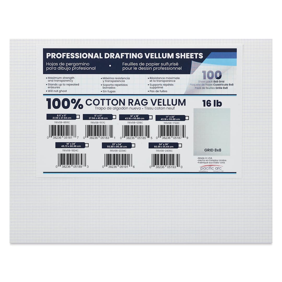 Open in modal - Pacific Arc Gridded Drafting Vellum Pack - 8 x 8 Grid, 8-1/2" x 11". Pkg of 100, packaging