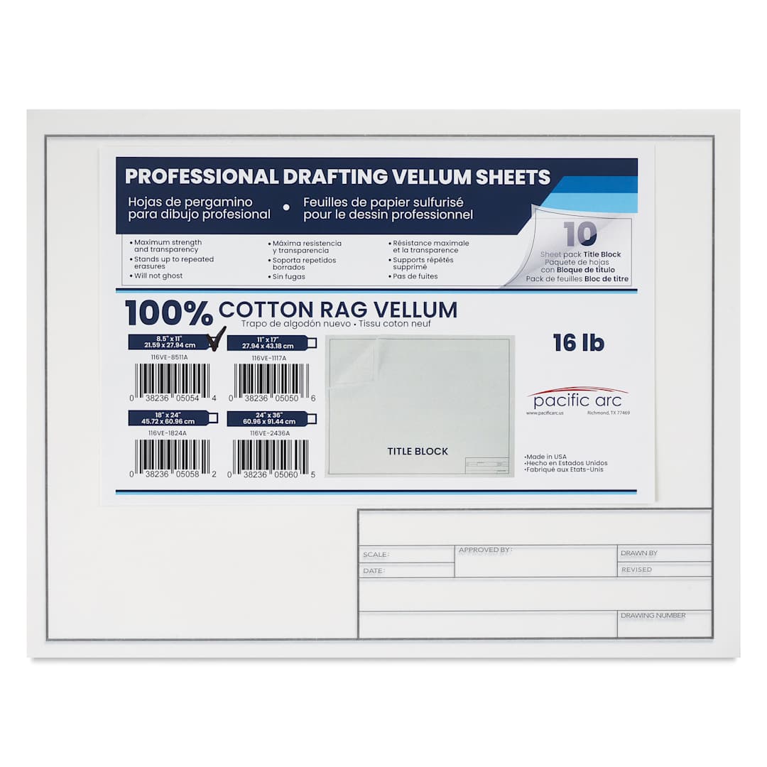 Open in modal - Pacific Arc Drafting Vellum Title Block - White, 8-1/2" x 11", 10 Sheets, in packaging