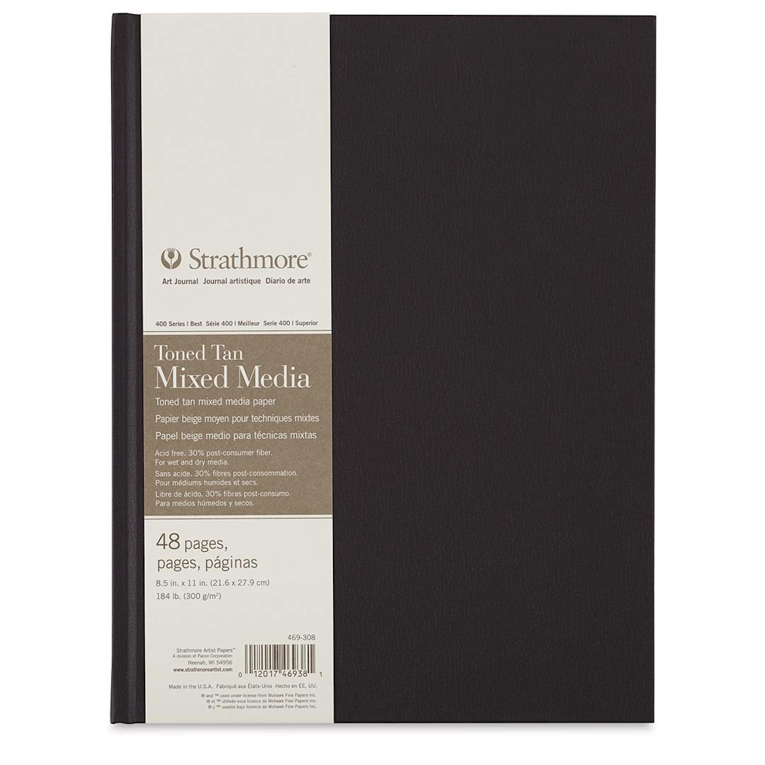 Open in modal - Hardbound Toned  Mixed Media Artist Journal - Front of Tan portrait journal with label