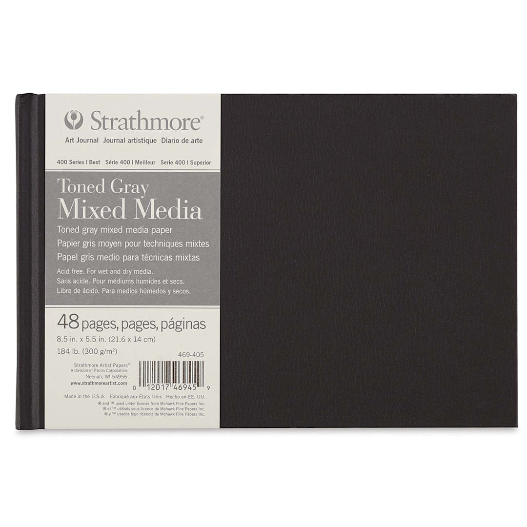 Open in modal - Hardbound Toned  Mixed Media Artist Journal - Front of Gray paged journal with label