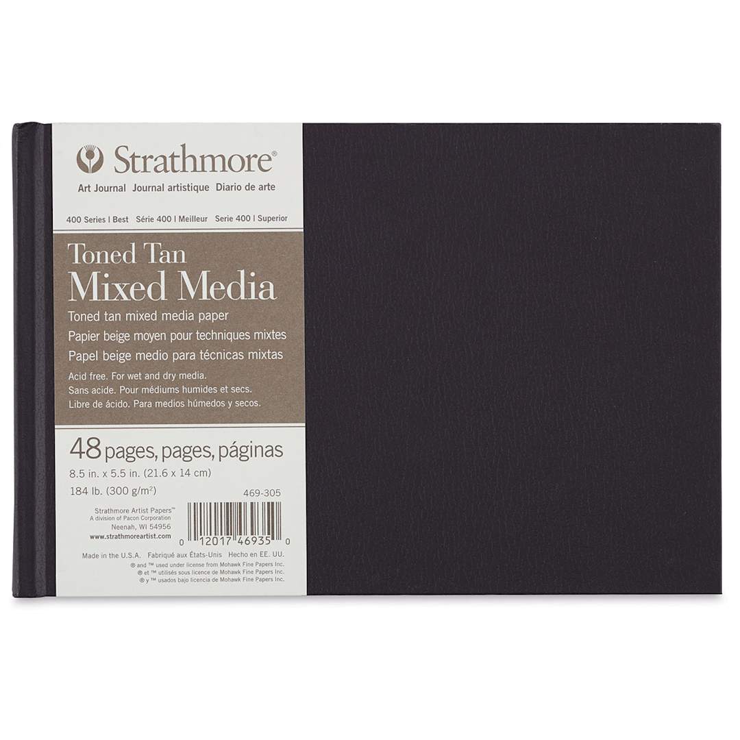 Open in modal - Hardbound Toned  Mixed Media Artist Journal - Front of Tan paged journal with label