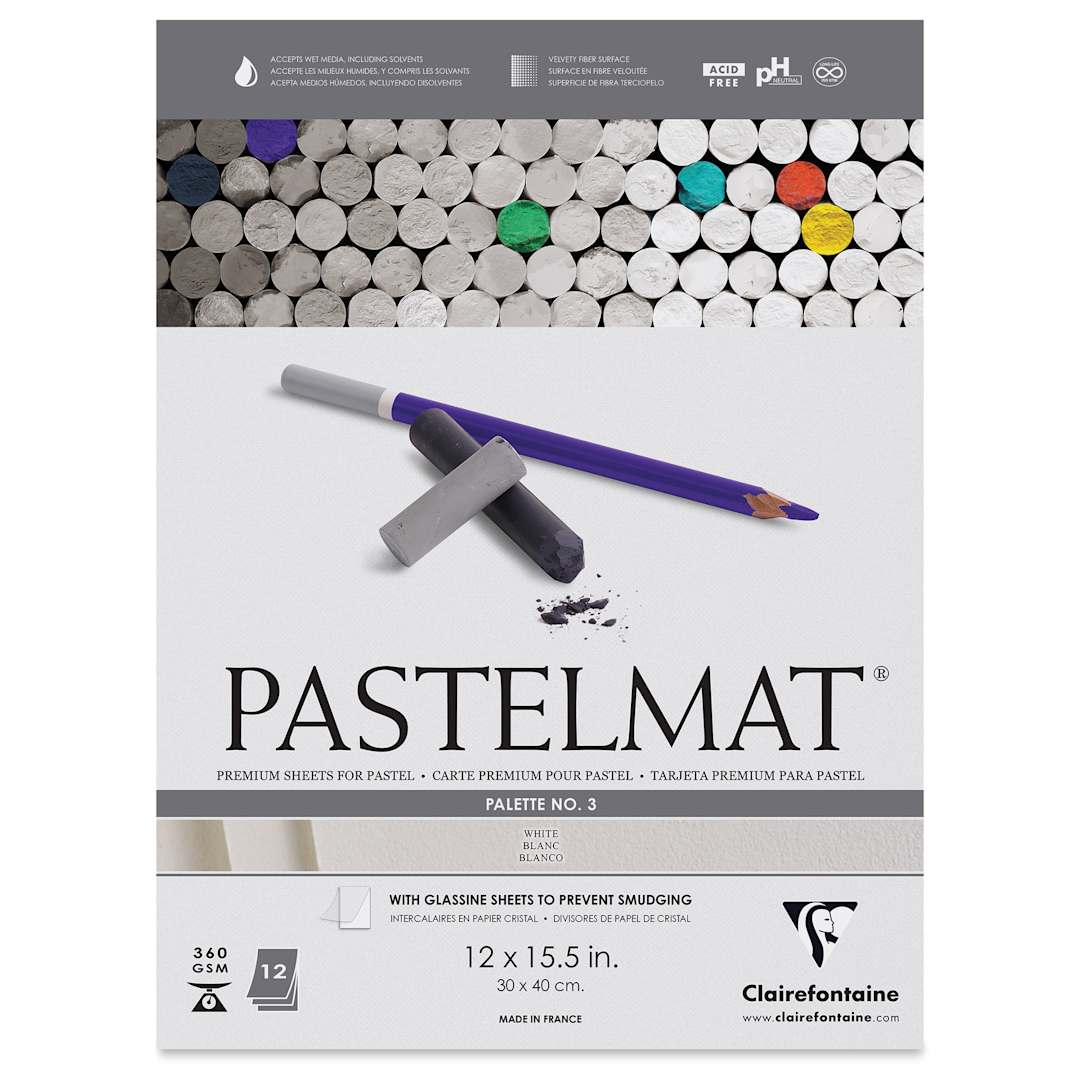 Open in modal - Clairefontaine Pastelmat Pad - 12" x 15-1/2", White, 12 Sheets, front of the packaging