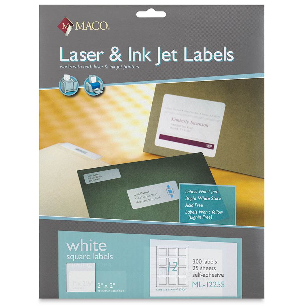 Open in modal - Maco Laser/Ink Jet White Multi-Purpose Labels - Front of package of 300 Square Labels