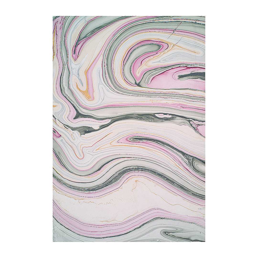 Open in modal - Black Ink Thai Marbled Mulberry Papers - Closeup of Red/Gold/Green marbled paper