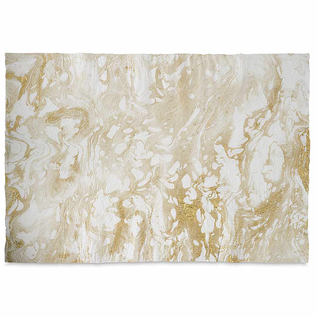 Open in modal - Marbled Momi Decorative Paper - Full sheet example of White and Gold Paper