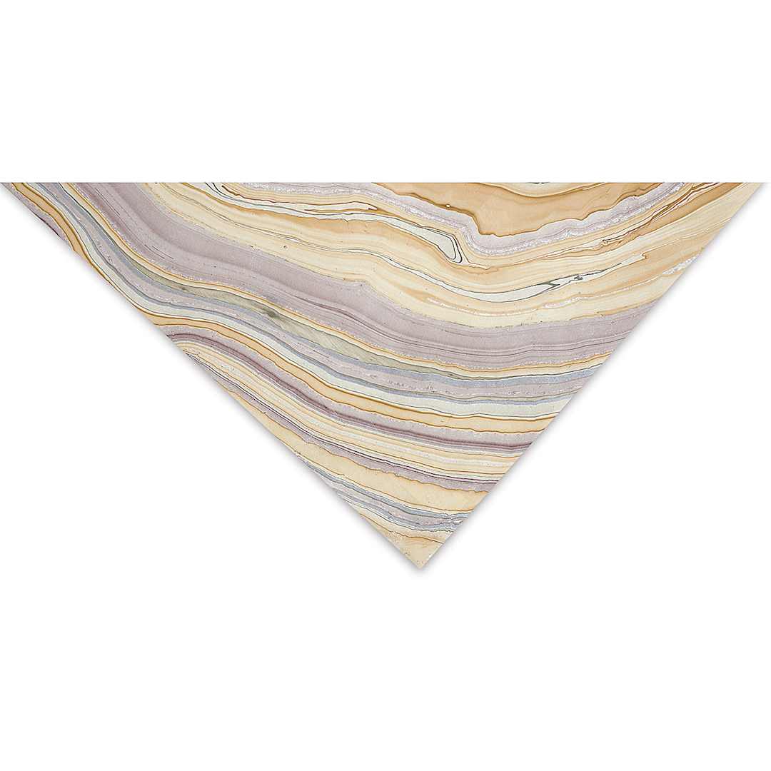 Open in modal - Black Ink Thai Marbled Mulberry Papers - Closeup of corner of Beige/Brown/Dusk marbled paper