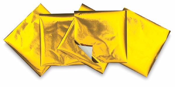 Open in modal - Gold Foil Origami Project Papers - 5 sheets shown with one curled slightly
