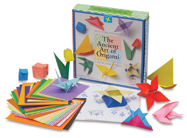 Open in modal - The Ancient Art Of Origami Kit - Components of Kit with some folded examples shown with package