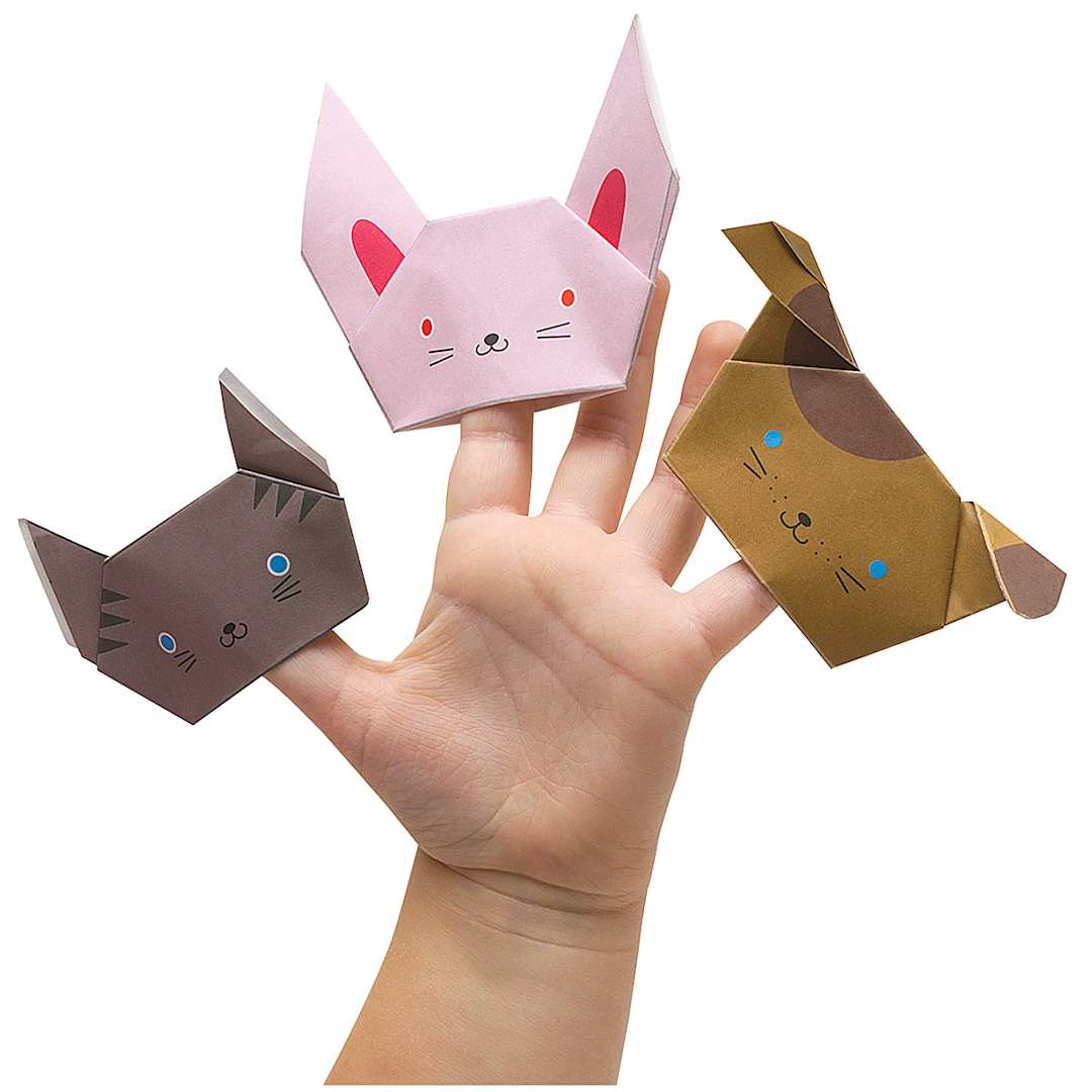 Open in modal - Fold'ems Fold-by-Number Origami Papers - Folded Finger puppets shown on hand
