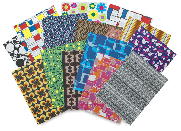 Open in modal - Roylco Decorative Papers - 16 Retro Pop patterns shown spread in fan