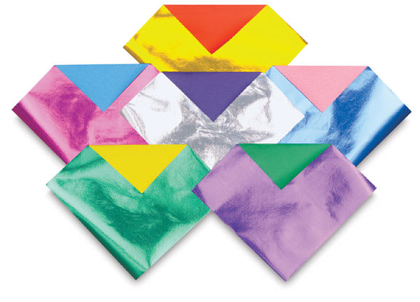 Open in modal - Aitoh Double-Sided Foil Origami Paper - Several papers folded to show color and foiled sides
