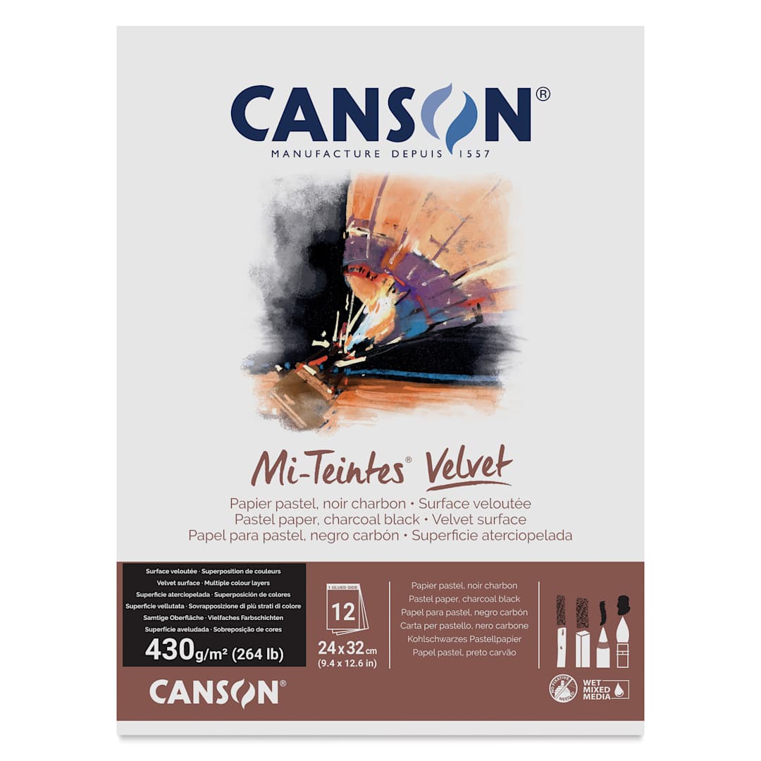 Open in modal - Canson Mi-Teintes Velvet Paper Pad - 9.4" x 12.6", Charcoal Black, 12 Sheets, front cover