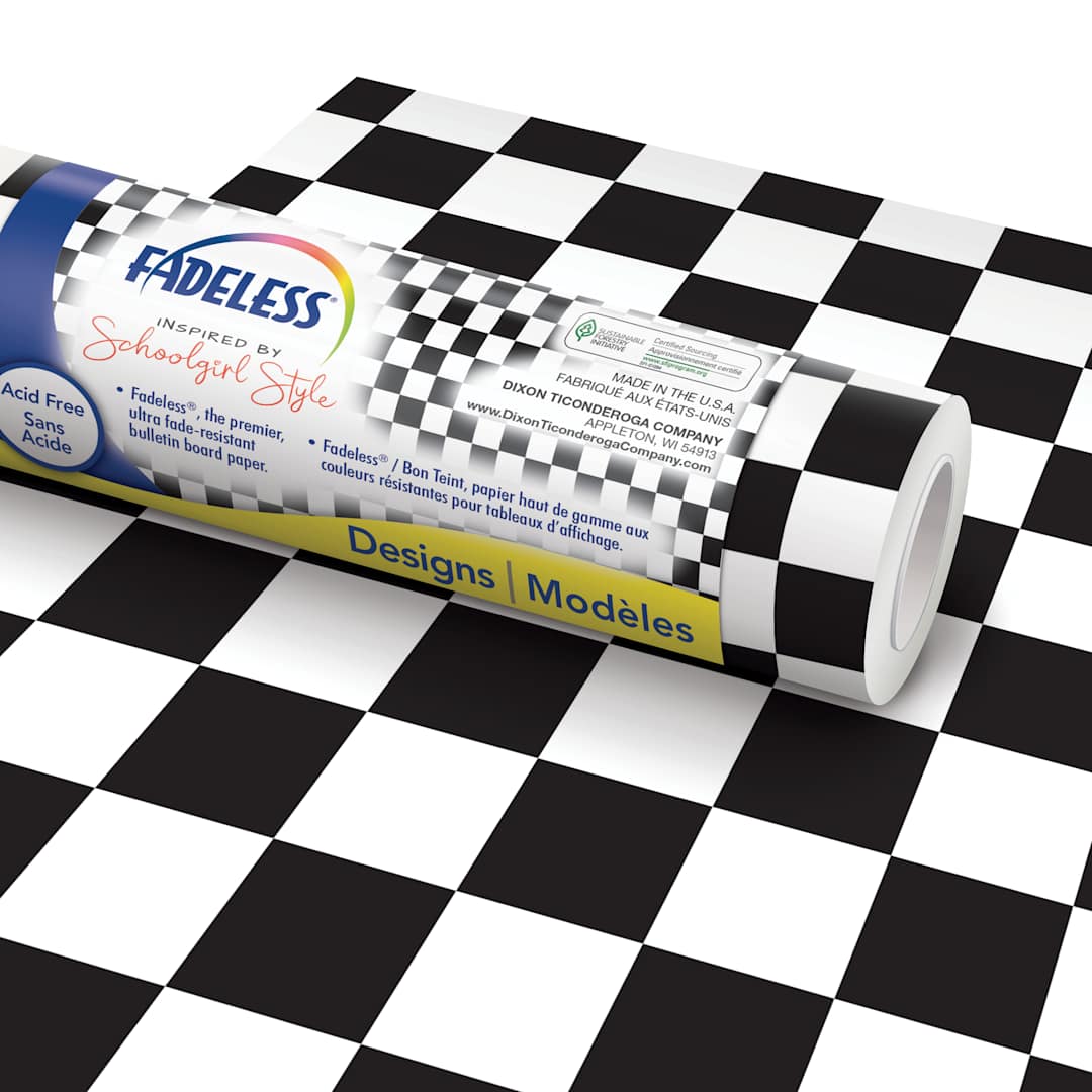 Open in modal - Fadeless Schoolgirl Style Bulletin Paper - Retro Hopscotch, 47-1/4" x 50' Roll with packaging