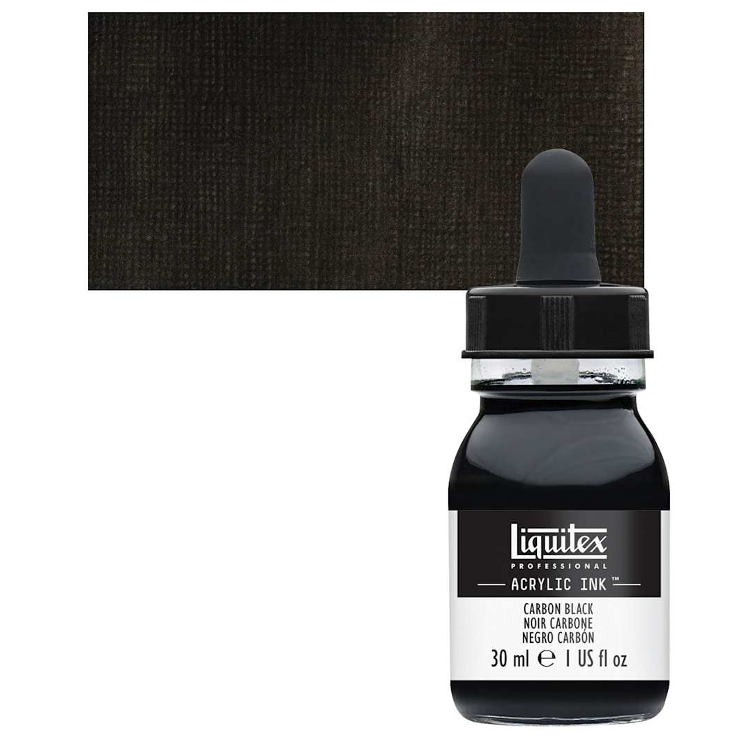 Open in modal - Liquitex Professional Acrylic Ink - Carbon Black bottle and swatch