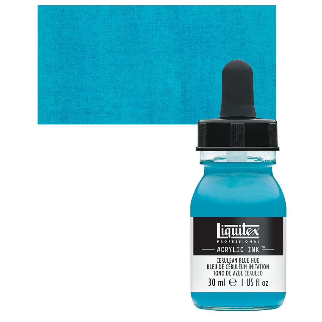 Open in modal - Liquitex Professional Acrylic Ink - Cerulean Blue Hue bottle and swatch