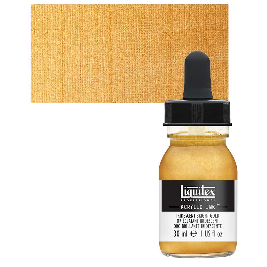 Open in modal - Liquitex Professional Acrylic Ink - Iridescent Bright Gold bottle and swatch