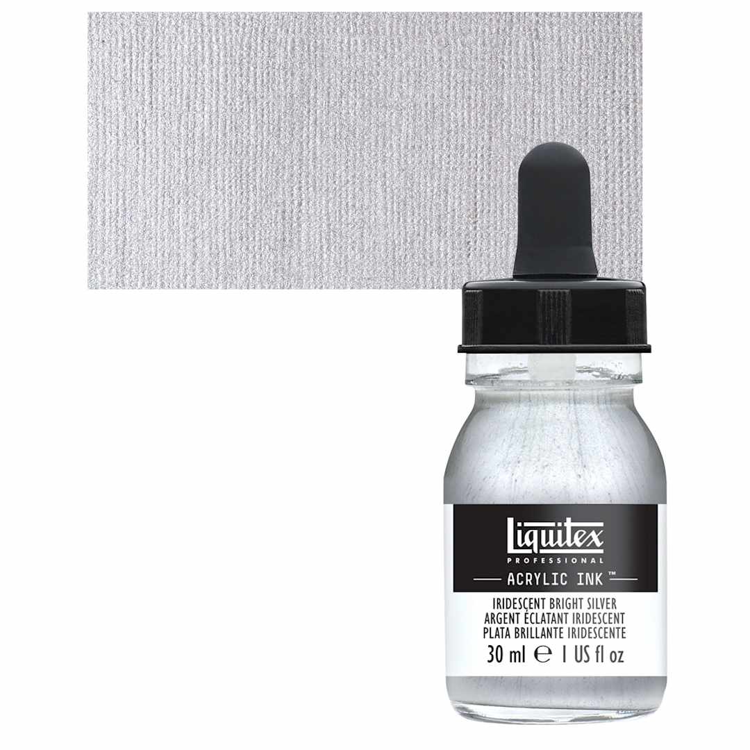 Open in modal - Liquitex Professional Acrylic Ink - Iridescent Bright Silver bottle and swatch